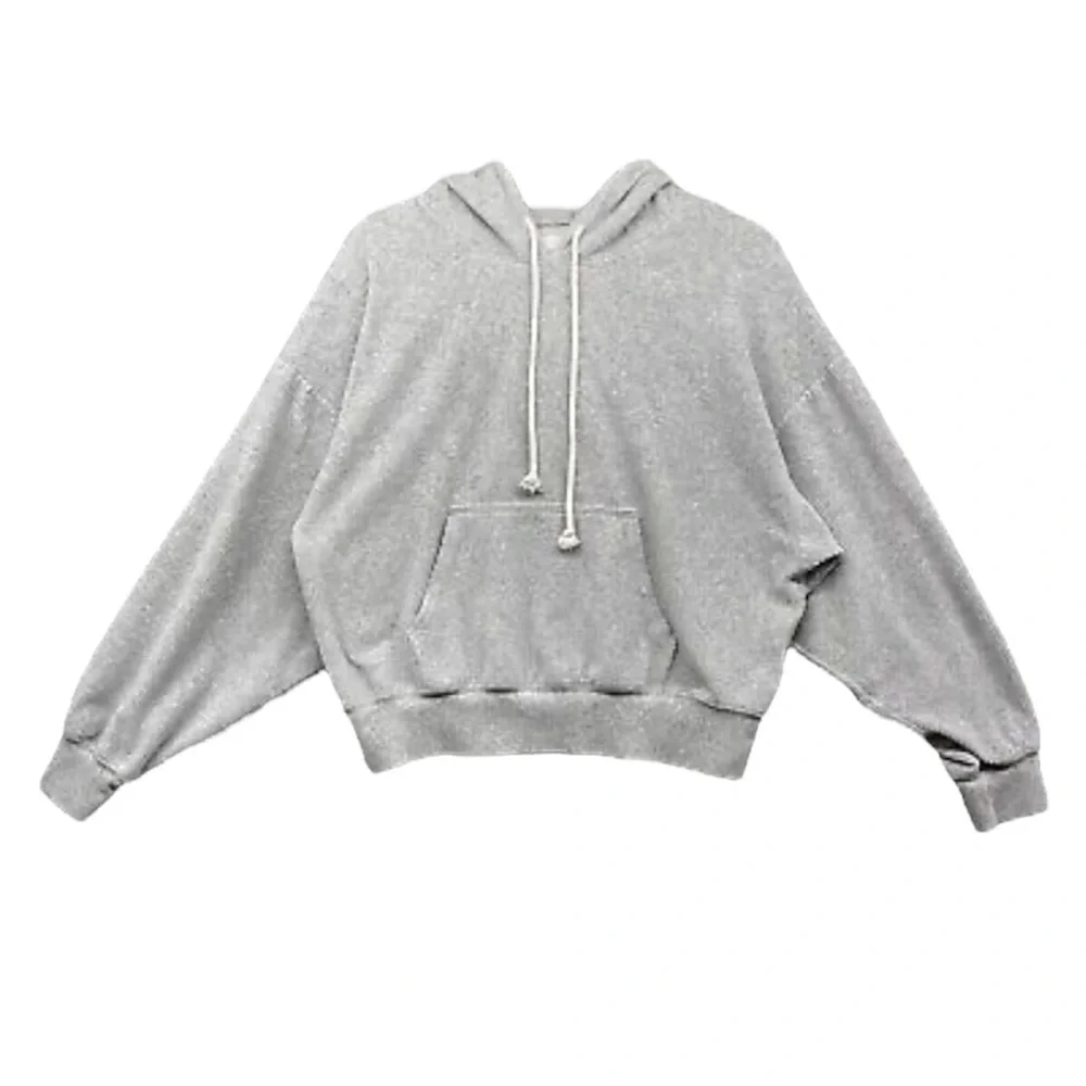 American Eagle Gray Knit Cropped Hoodie Sweater Drawstring Pocket Women’s M - Picture 2 of 8